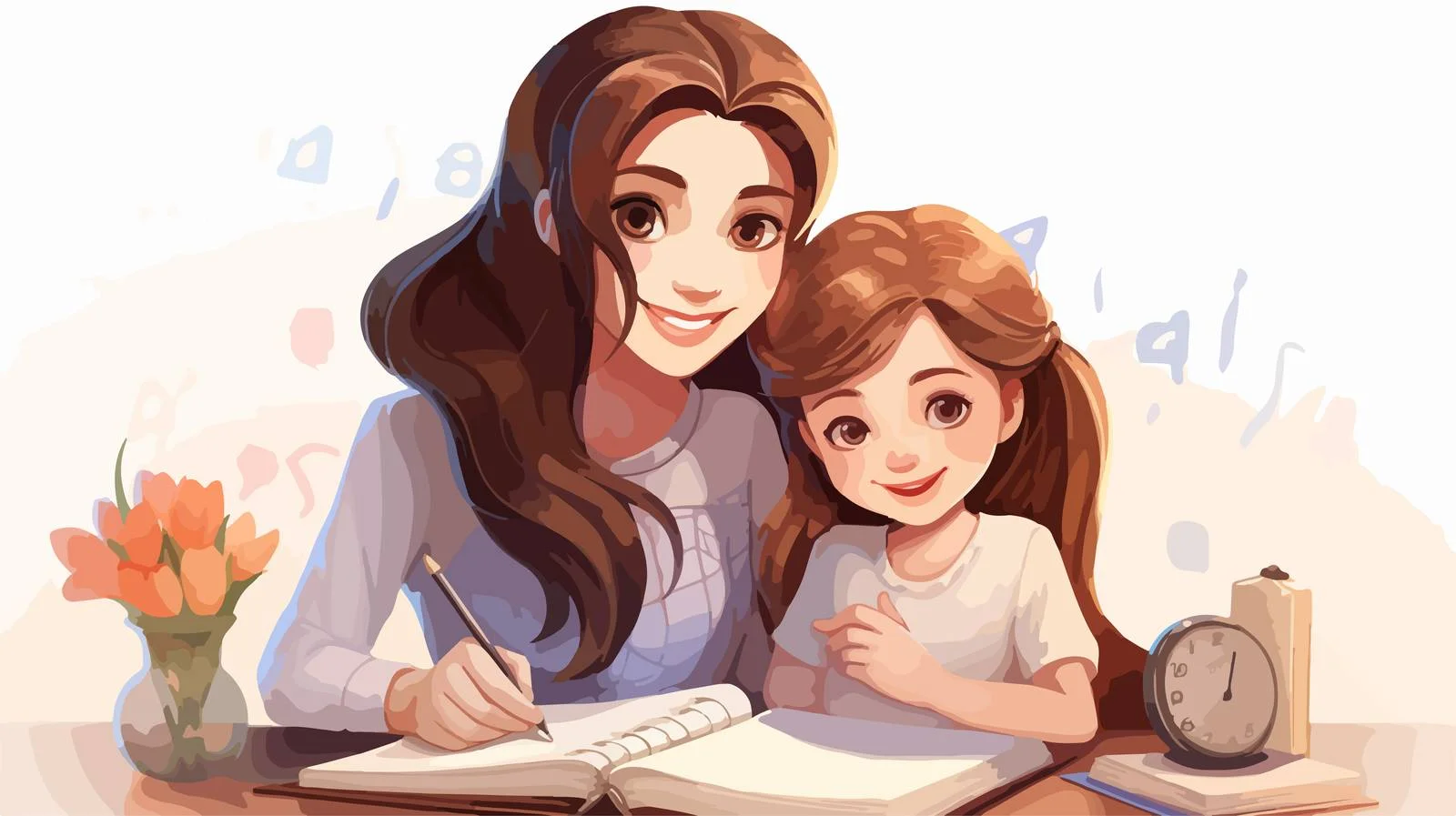 Mother and Daughter Math Study Cartoon — free download from Dotvec
