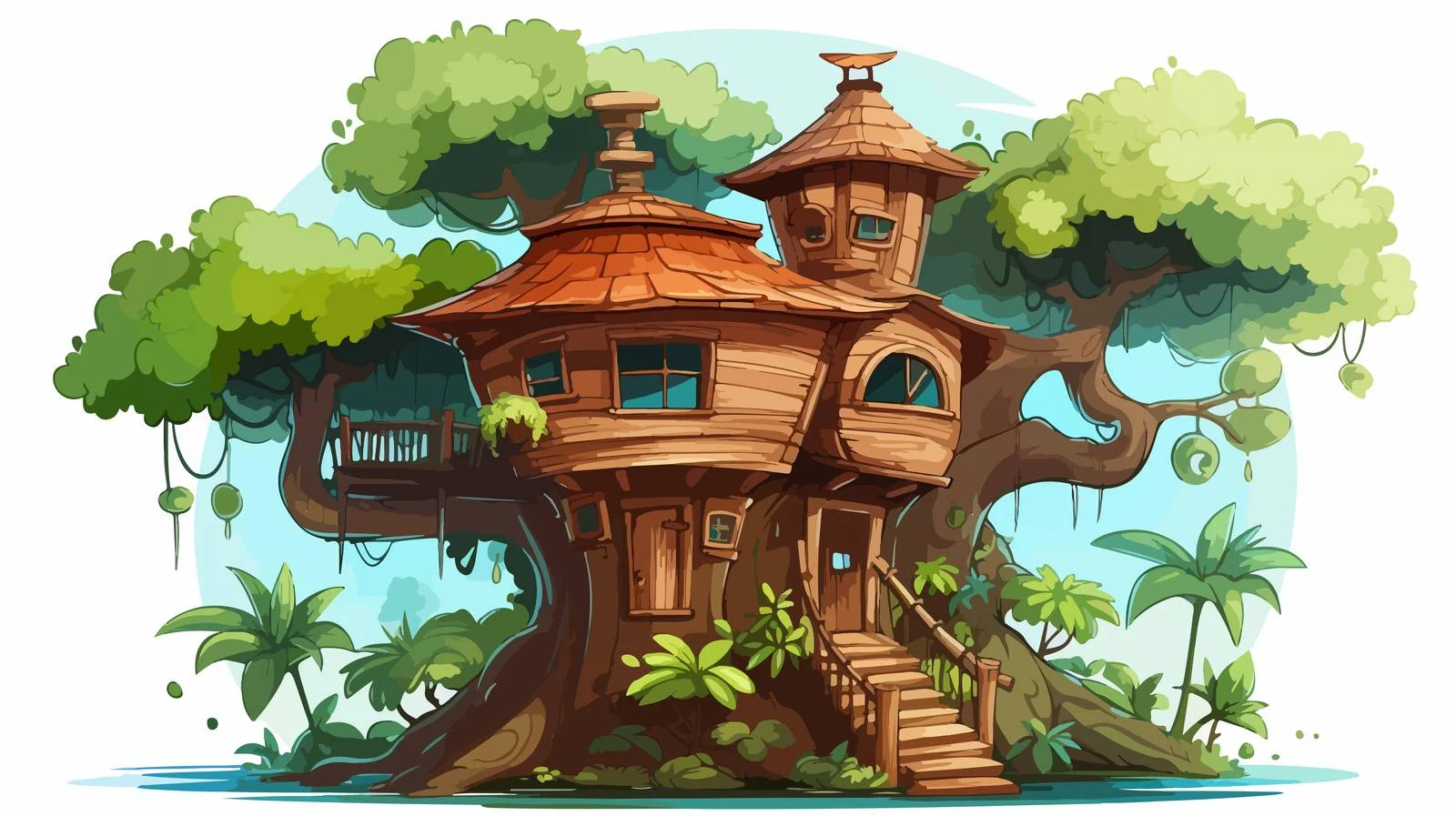 Enchanting Tree House Jungle Cartoon Illustration — free download from Dotvec