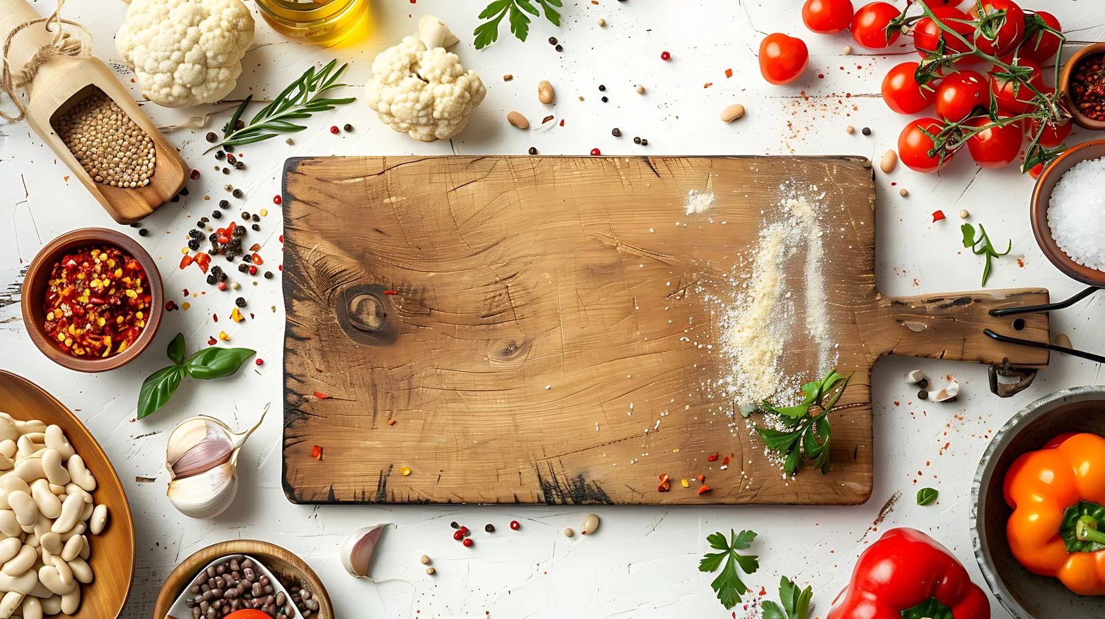 Fresh ingredients on cutting board for bean dish preparation — free download from Dotvec