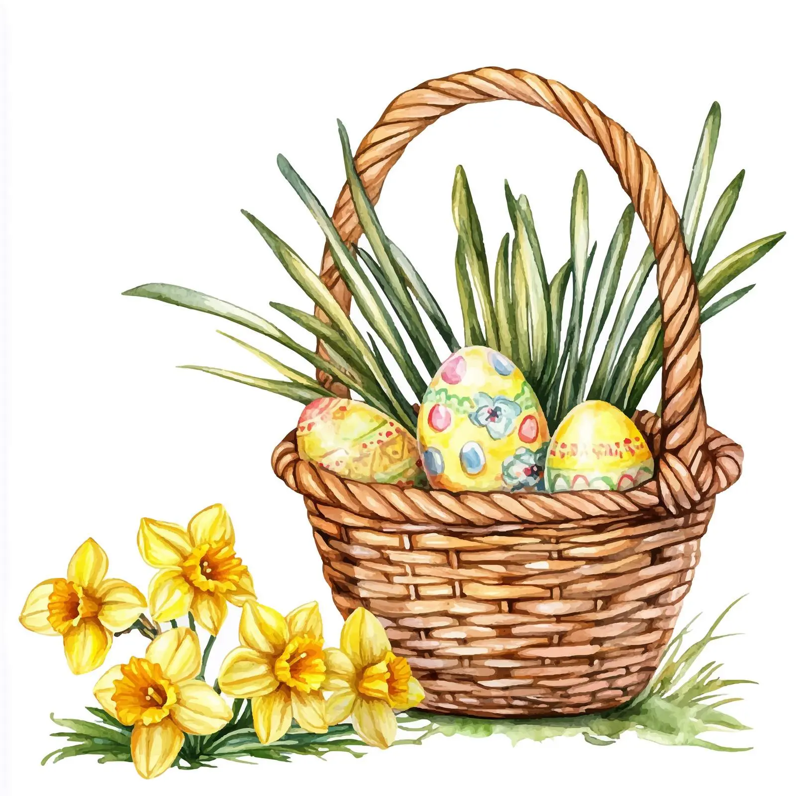 Watercolor Daffodils and Easter Eggs Basket — free download from Dotvec