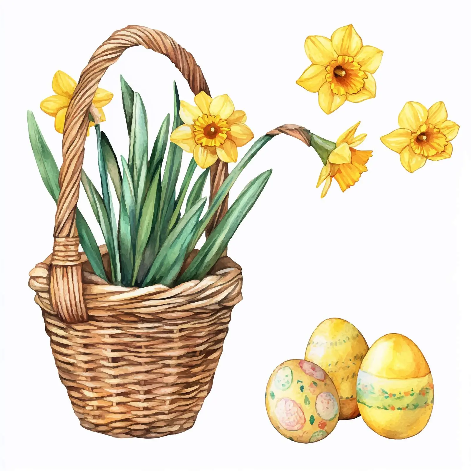 Watercolor Daffodils and Easter Eggs Basket — free download from Dotvec