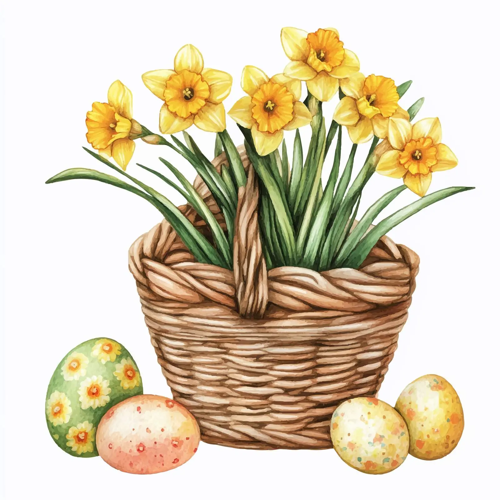 Watercolor Daffodils and Easter Eggs Basket — free download from Dotvec