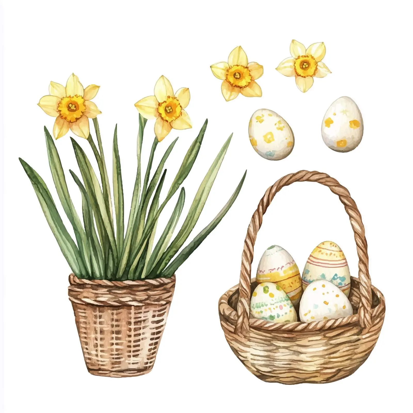 Watercolor Daffodils and Easter Eggs in Basket — free download from Dotvec