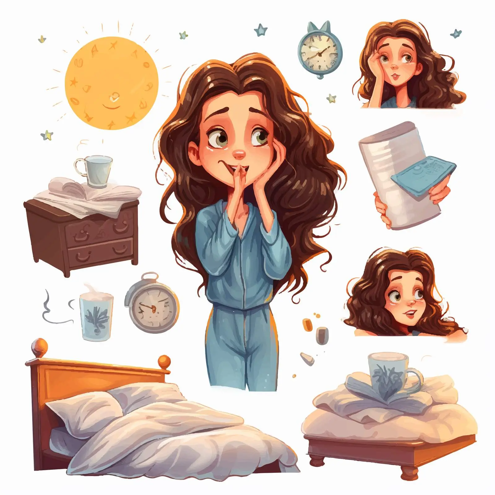 Daily Routine Cartoon Illustration of a Girl – free home life image from Dotvec