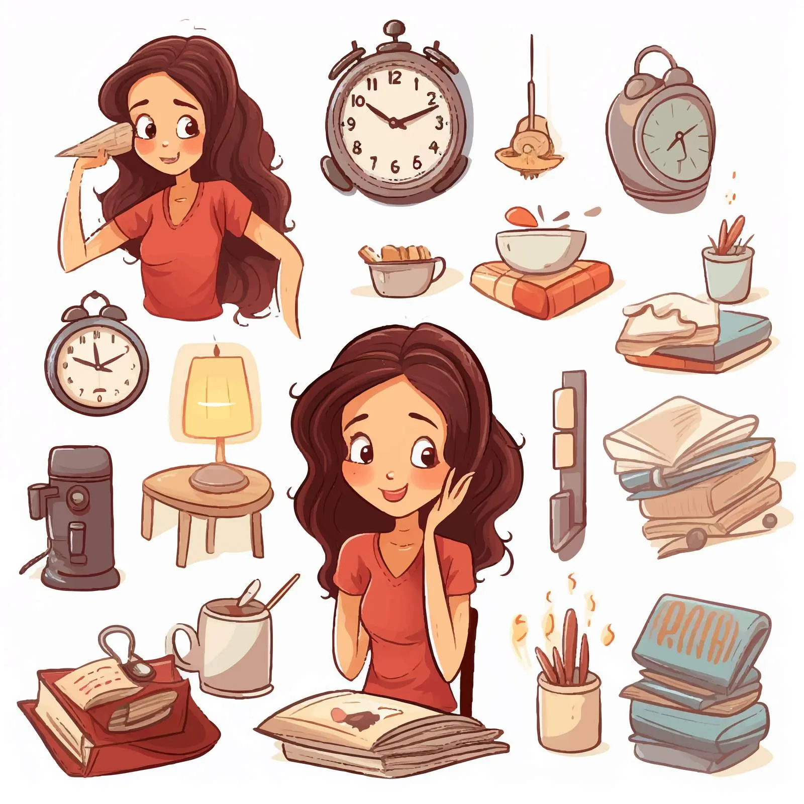 Girl's Daily Routine Cartoon Vector Illustration – free home life image from Dotvec