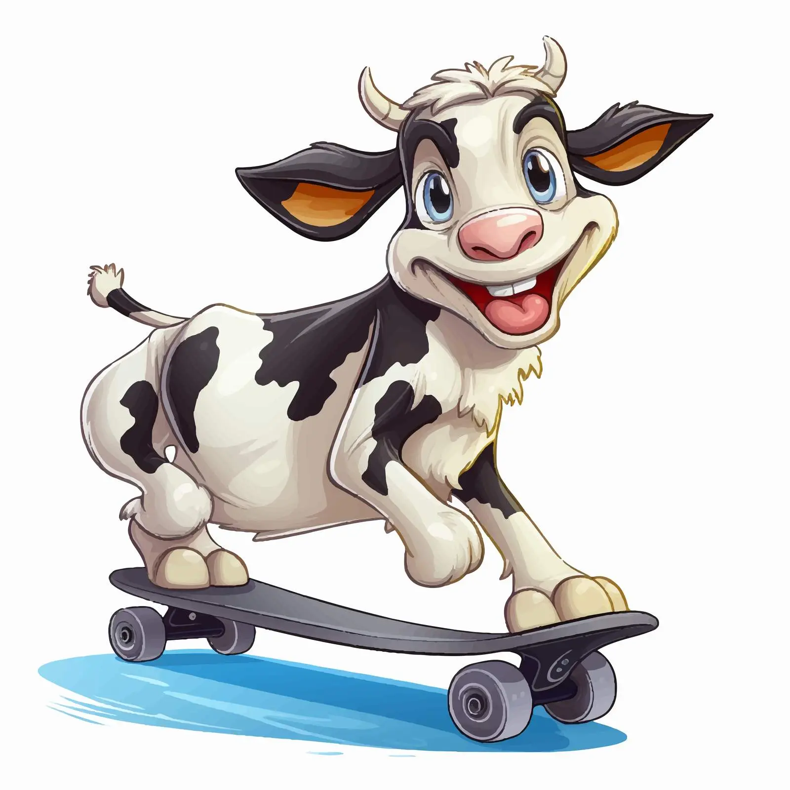 Cartoon Dairy Cow on Skateboard Illustration – free entertaining art image from Dotvec
