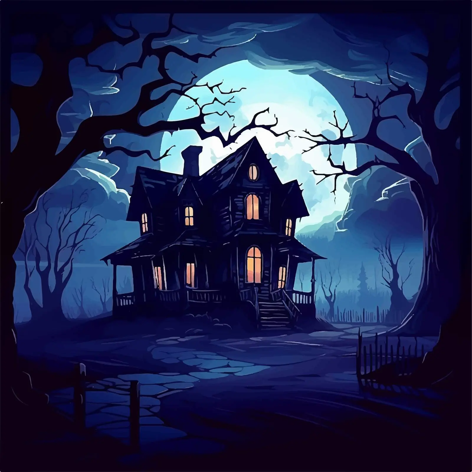 Creepy Rural House at Night with Lights – free haunting image from Dotvec