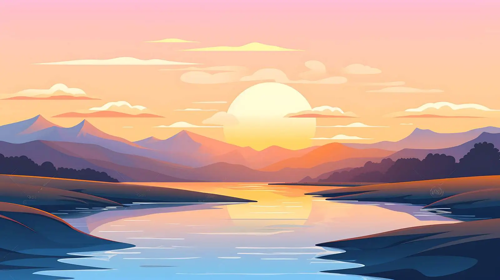 Serene River Dawn Landscape Painting — free download from Dotvec