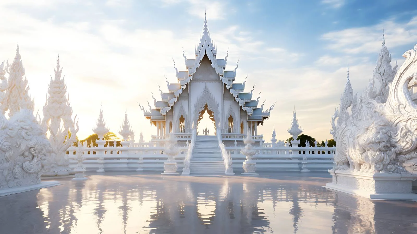 Serene Sunrise over White Temple Decorations — free download from Dotvec