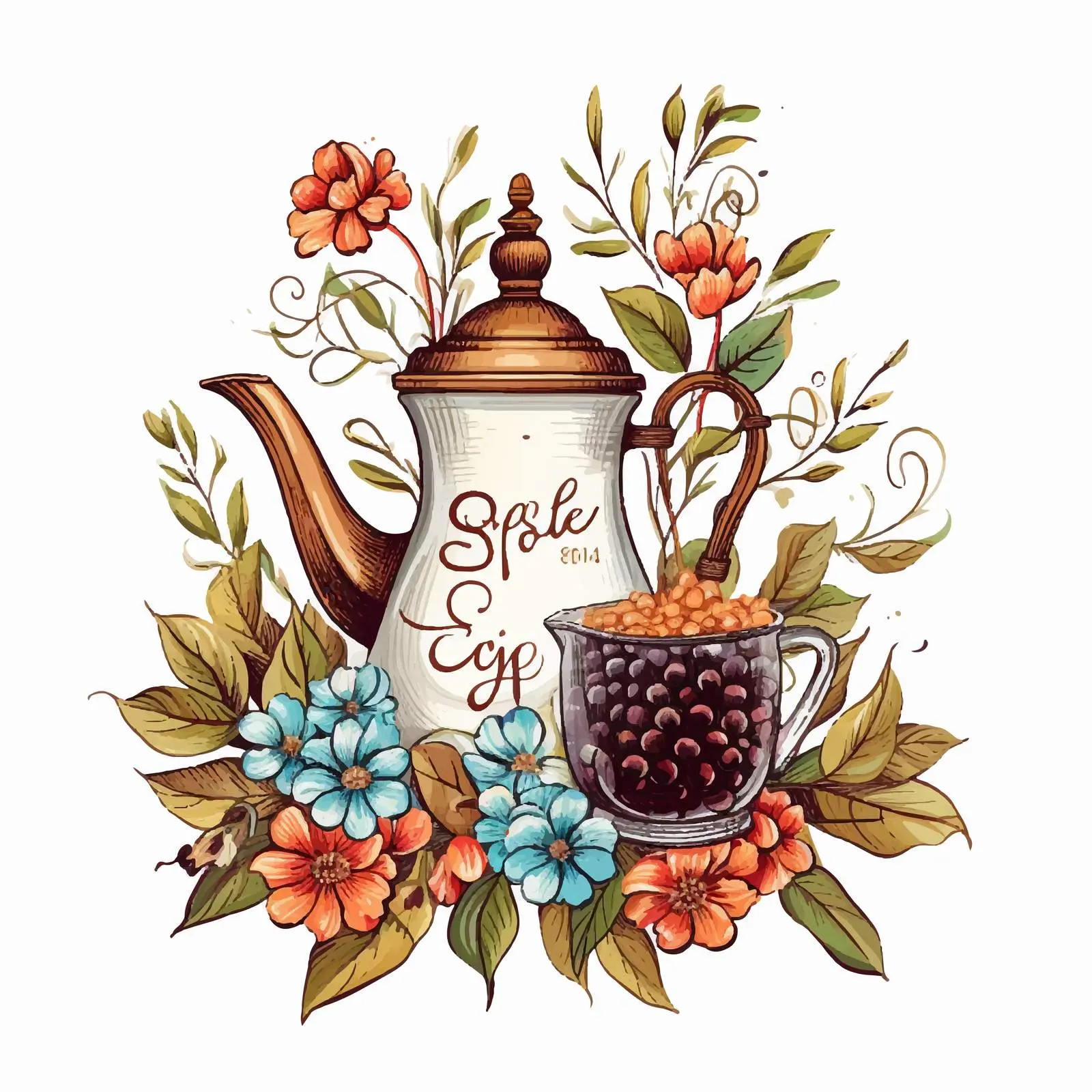 Elegant Coffee Pot and Berry Branch Composition — free download from Dotvec