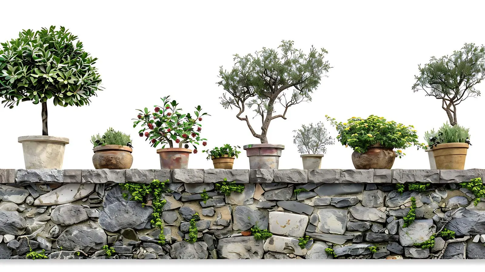 Decorative Trees in Pots on Medieval Stone Wall – free world image from Dotvec