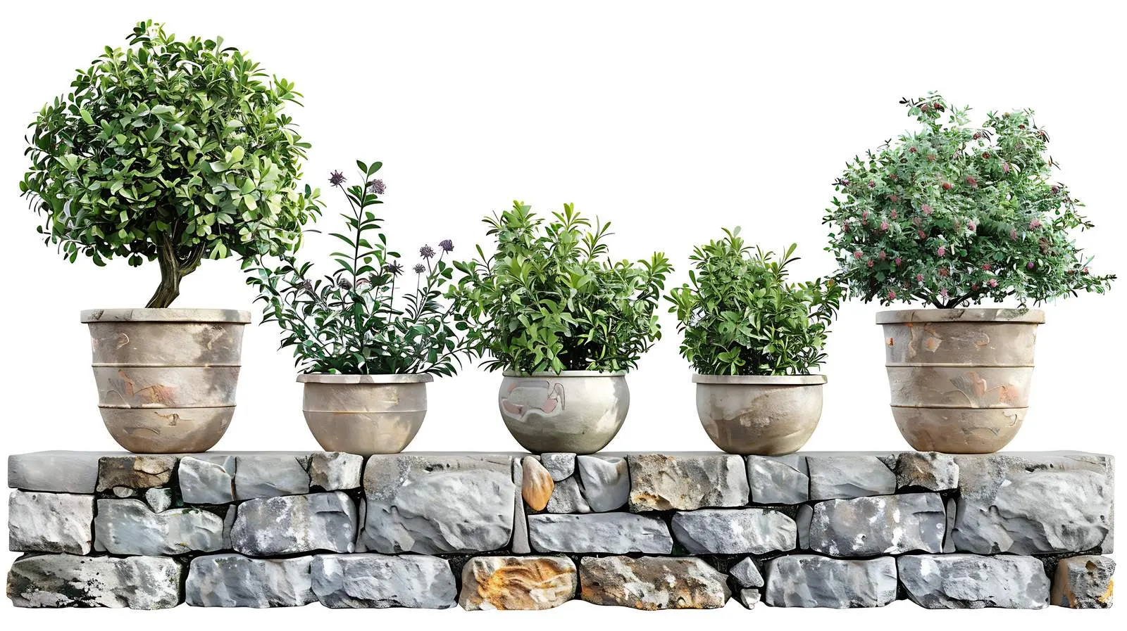 Decorative Trees in Pots on Medieval Stone Wall – free building image from Dotvec