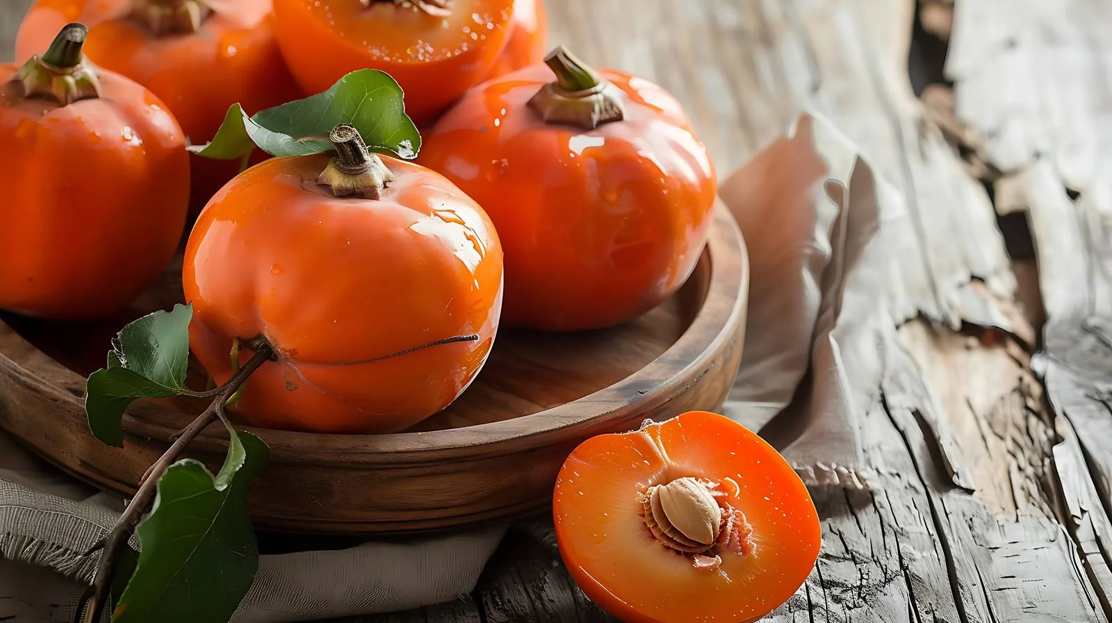 Fresh Persimmon Fruits on Wooden Table — free download from Dotvec