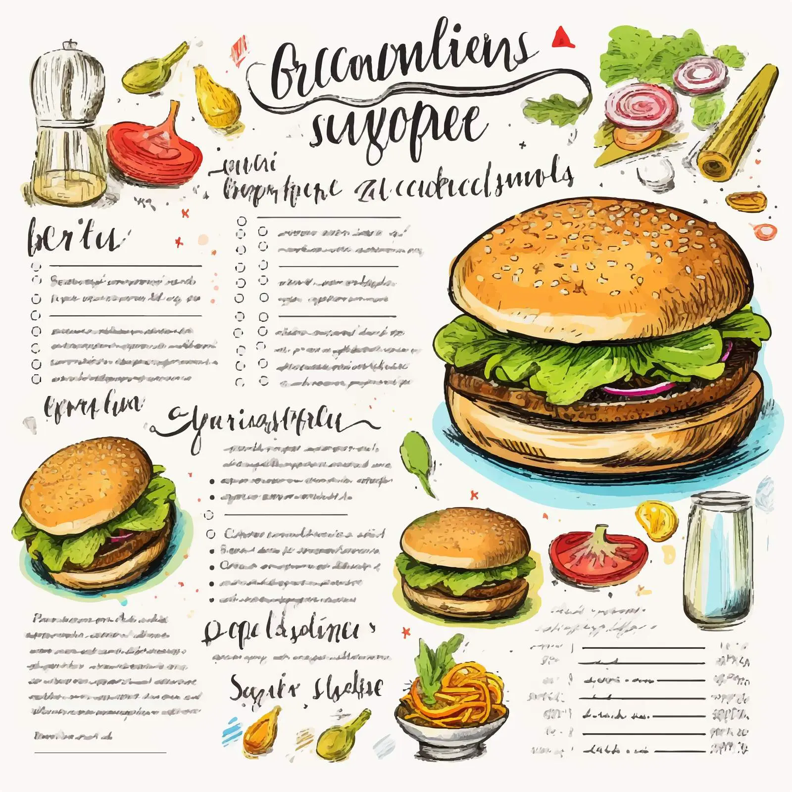 Delicious Hamburger Recipe Illustration – free artistic food image from Dotvec