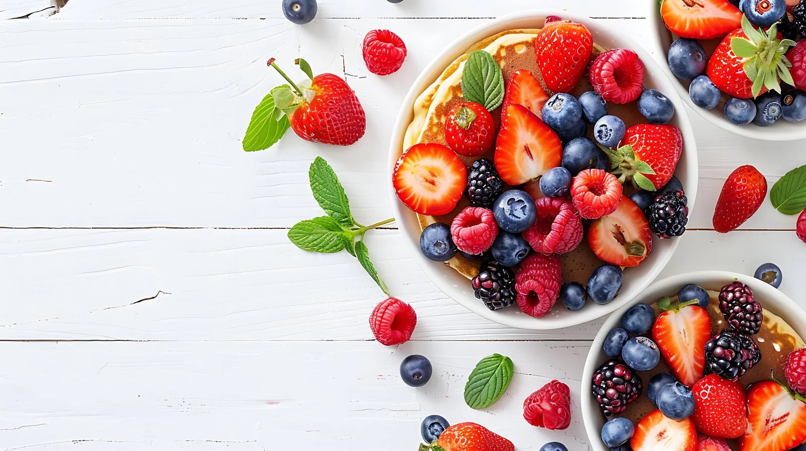 Delectable Berry Pancakes on White Wood — free download from Dotvec