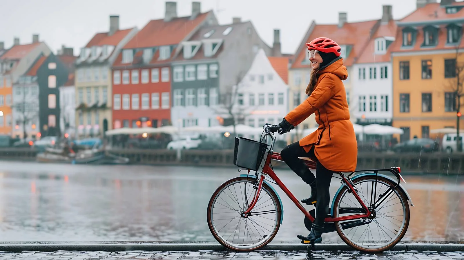 Joyful woman cycling in urban Copenhagen — free download from Dotvec