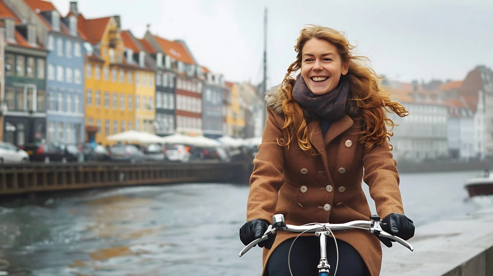 Joyful Woman Biking in Copenhagen — free download from Dotvec