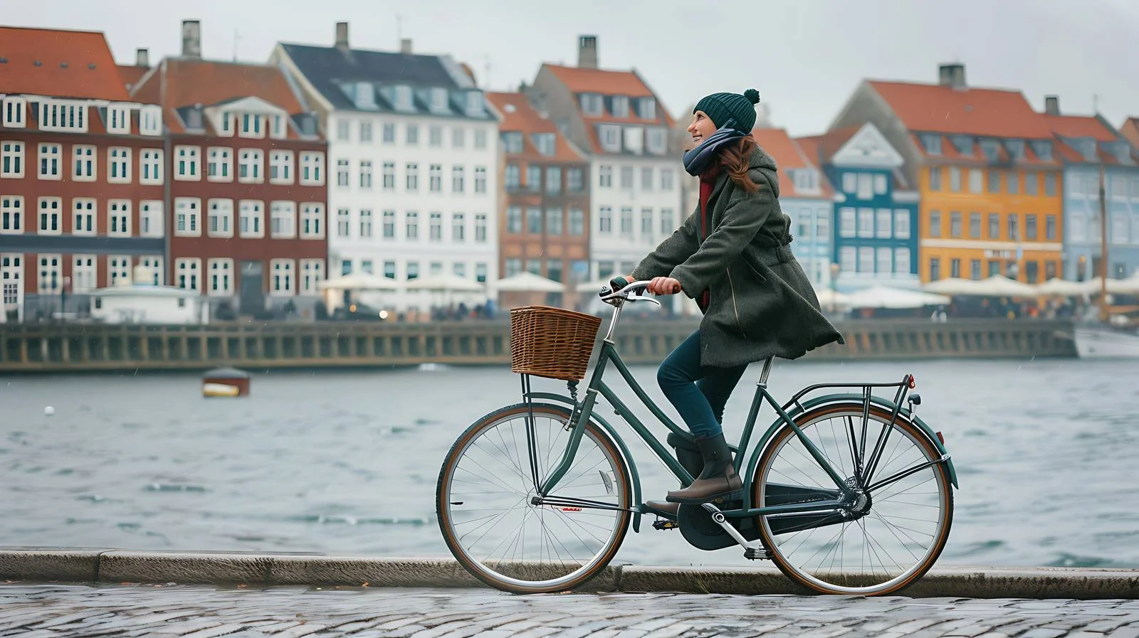 Cheerful Woman Cycling in Copenhagen Streets — free download from Dotvec