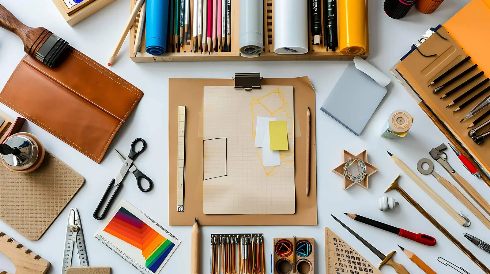 Designer Table with Notes and Tools on White Background – free artifacts image from Dotvec