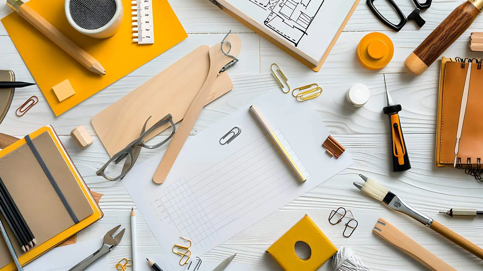 Designer Table with Notes and Tools Isolated — free download from Dotvec