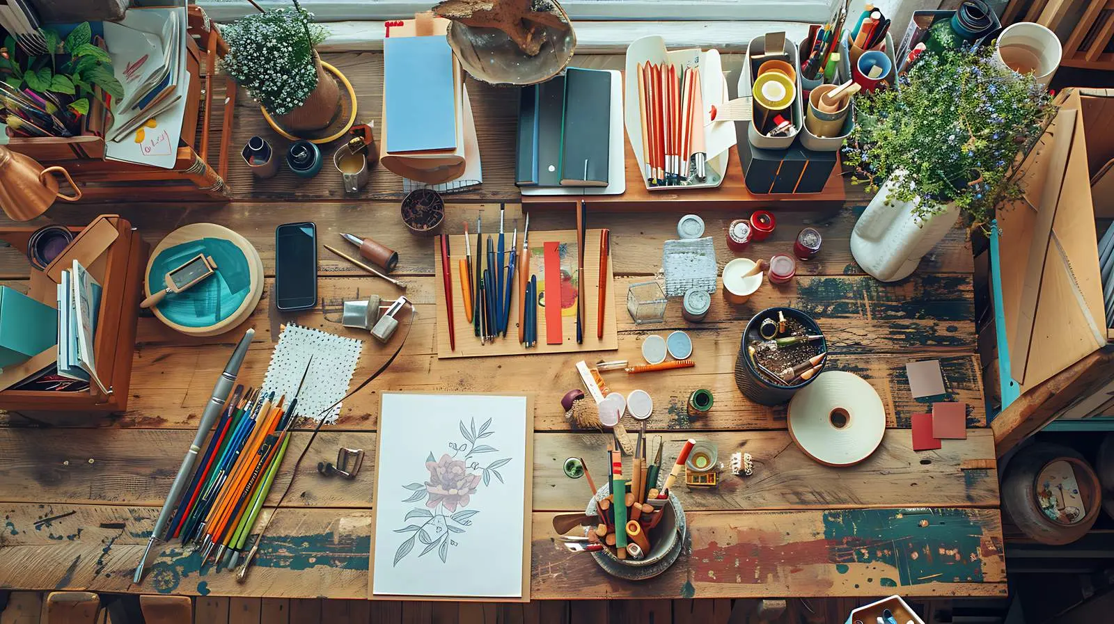 Artist Studio Desk with Stationery Supplies – free studio image from Dotvec