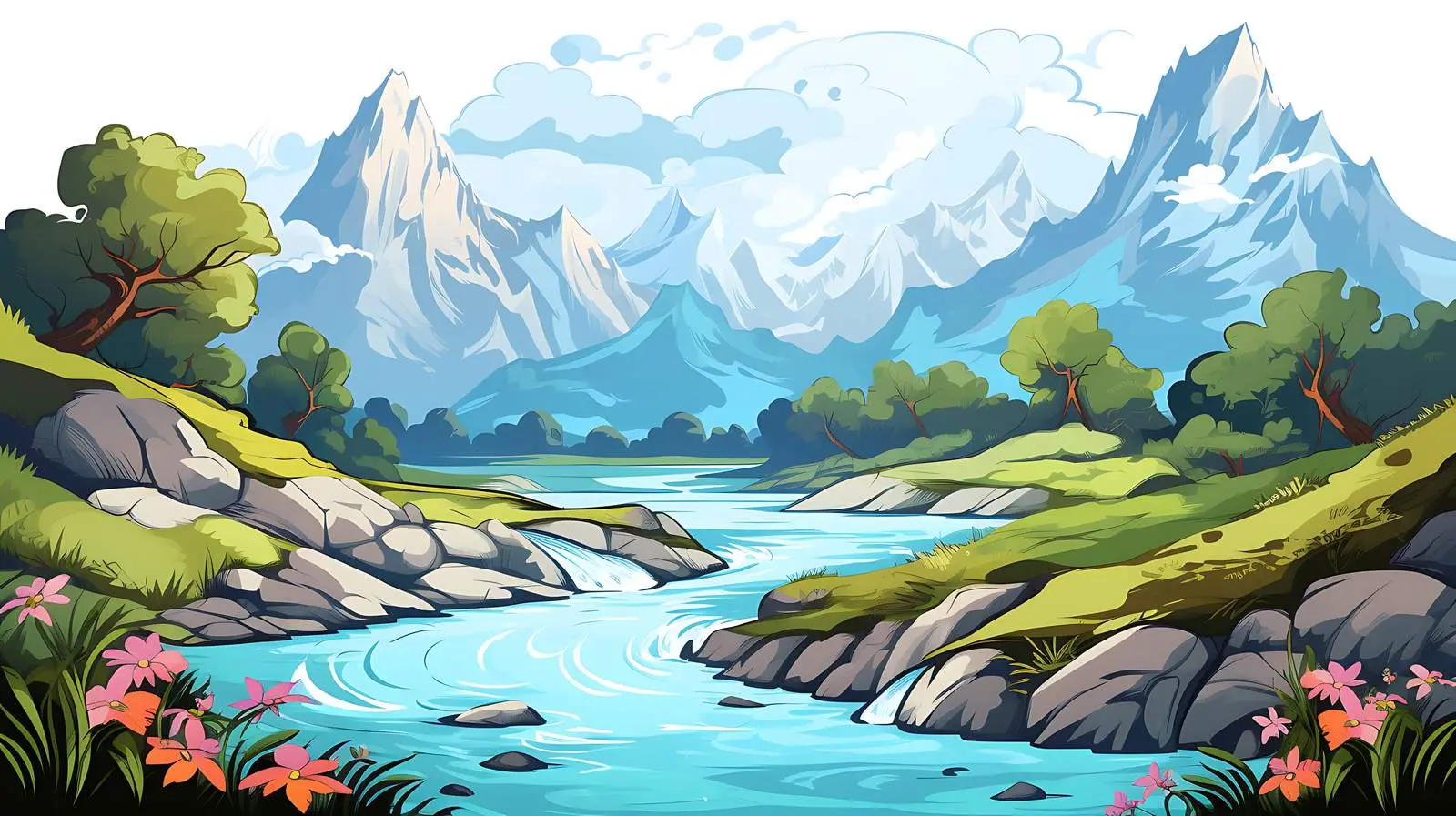 Scenic Mountain River & Ocean Illustration — free download from Dotvec