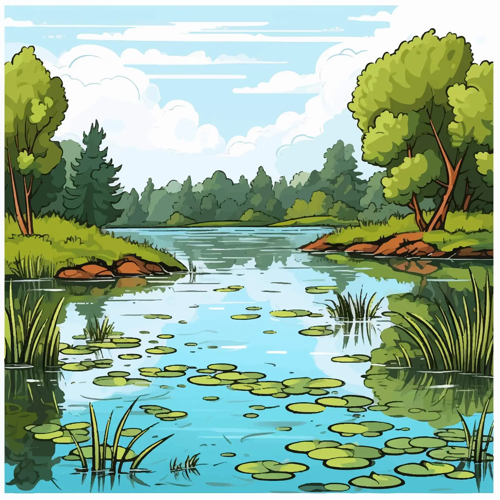 Calm Pond Scene Vector Illustration — free download from Dotvec