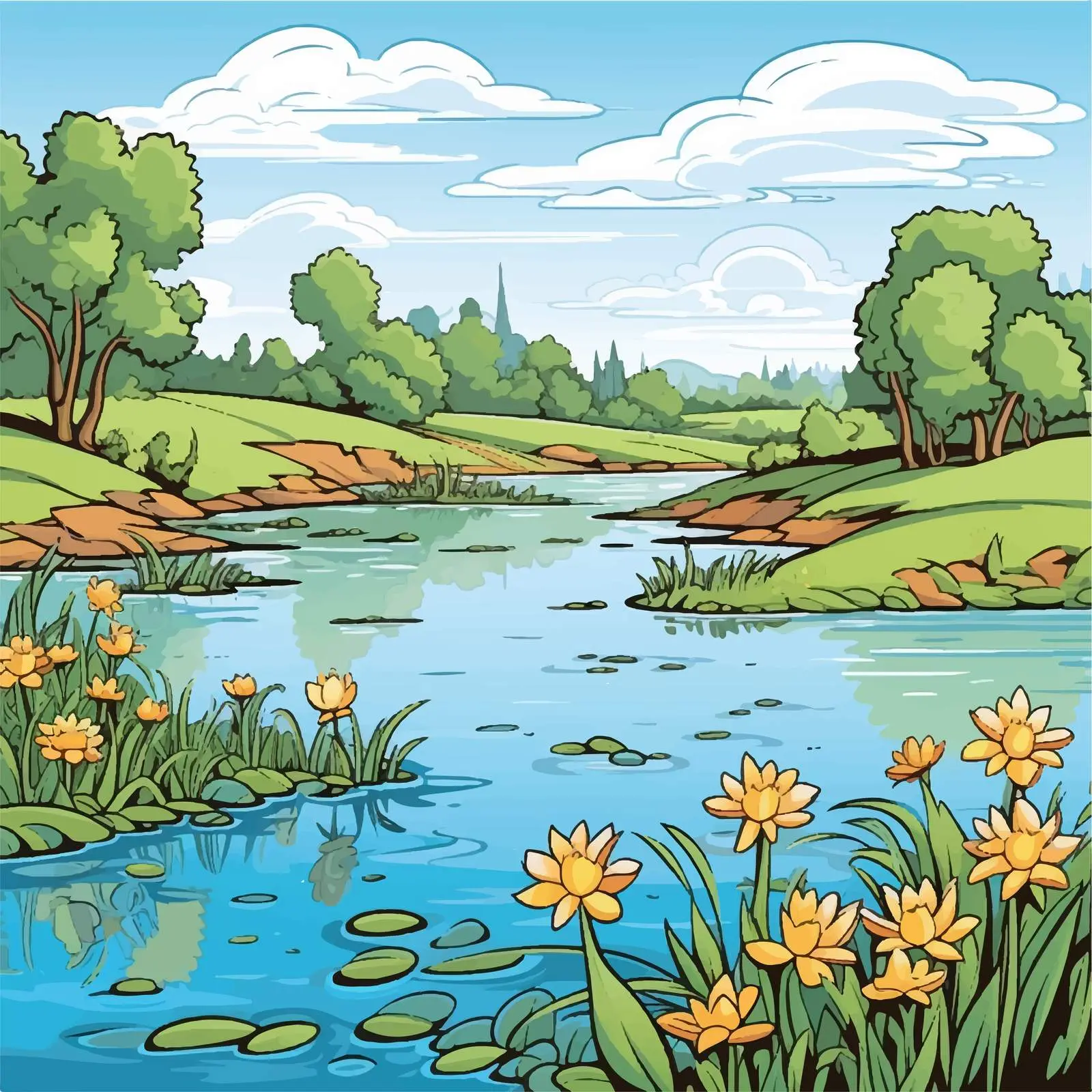 Calm Pond Scene Vector Illustration — free download from Dotvec