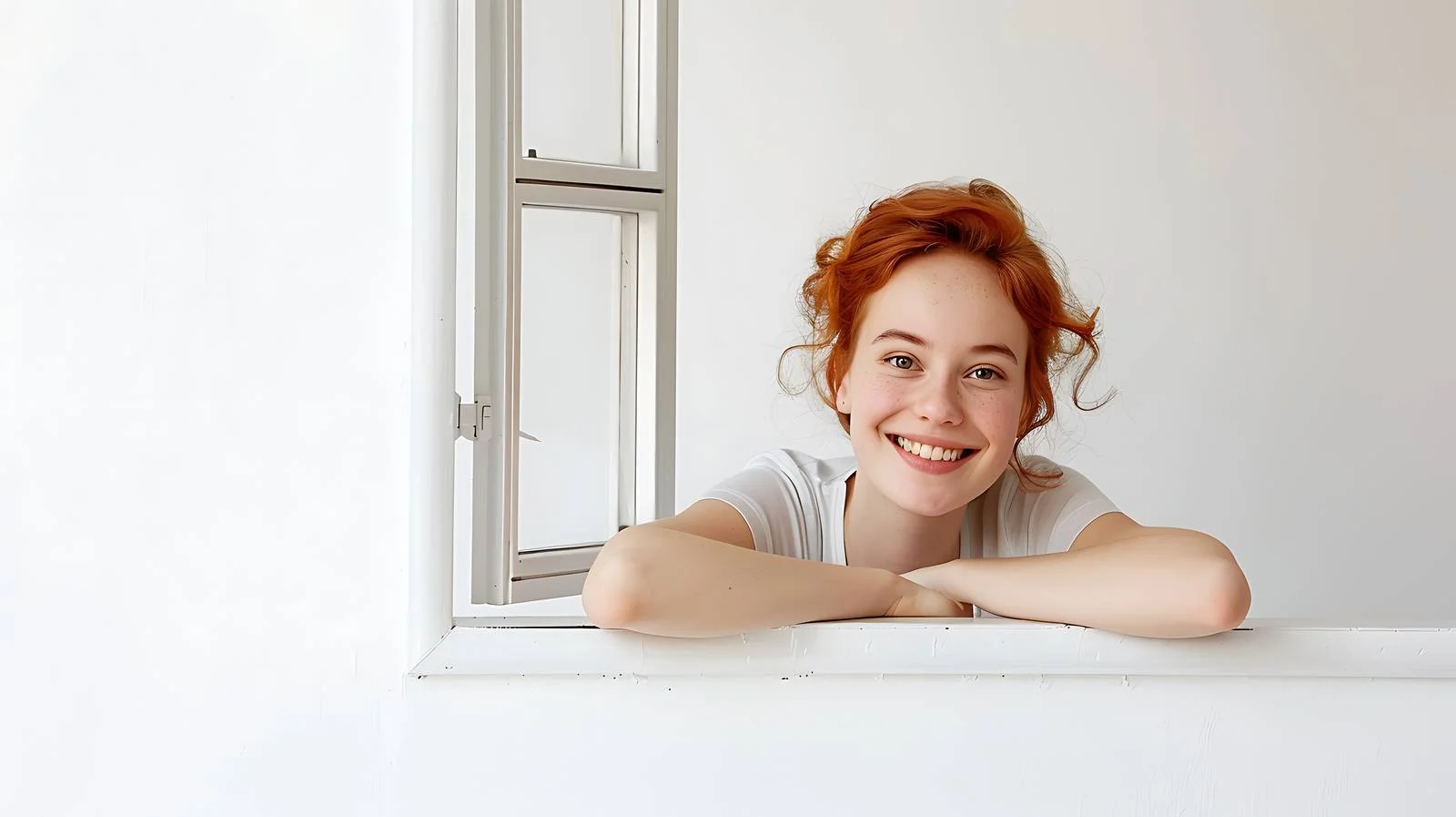 German Woman Smiling Out Window — free download from Dotvec