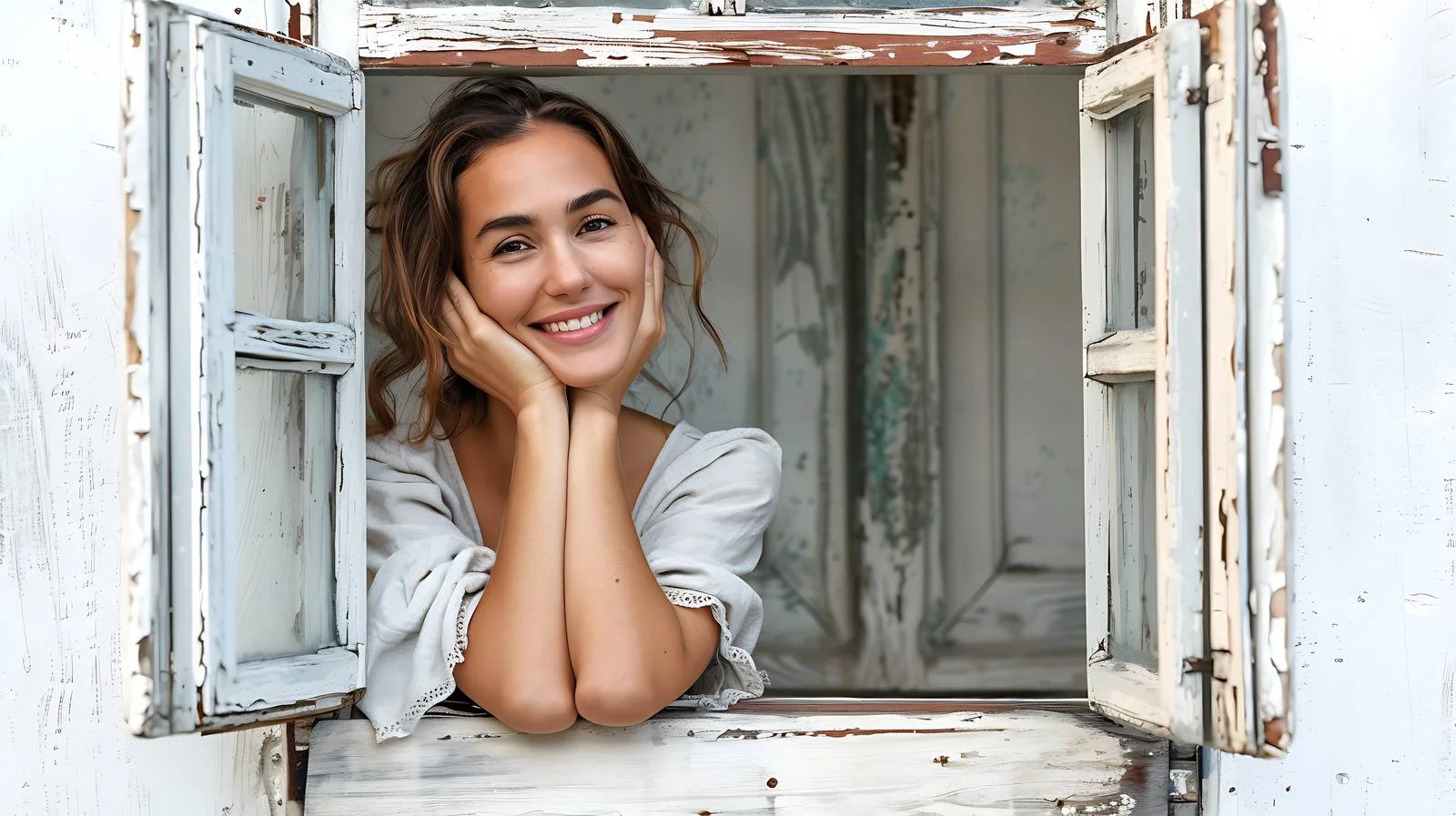 German woman smiling out window view — free download from Dotvec