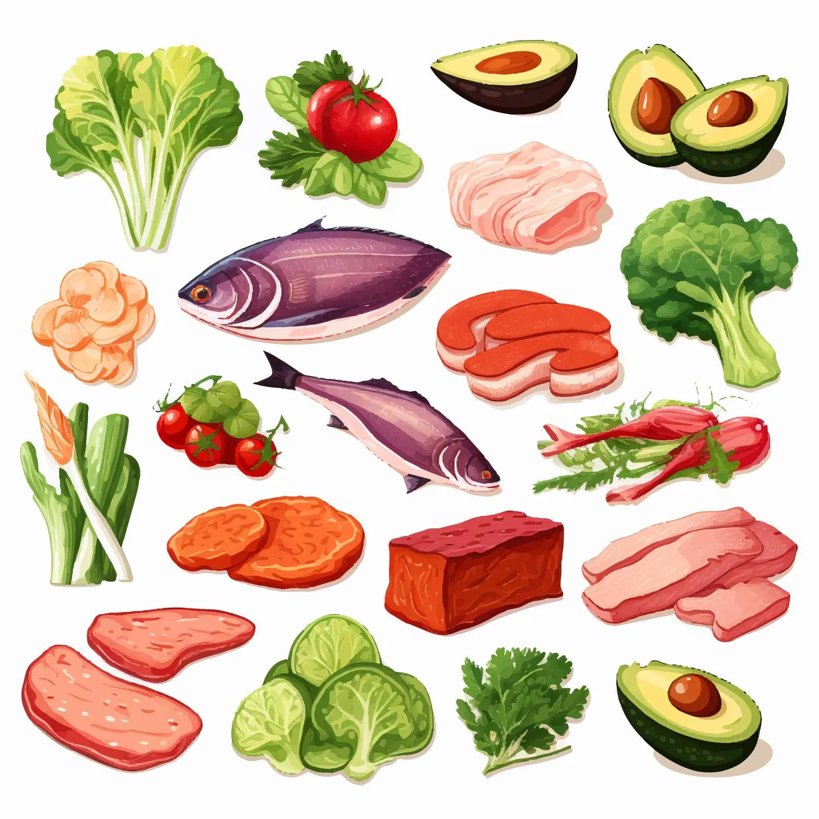 Diverse Food Groups: Meat, Seafood, Grains, Fruits, Vegetables — free download from Dotvec