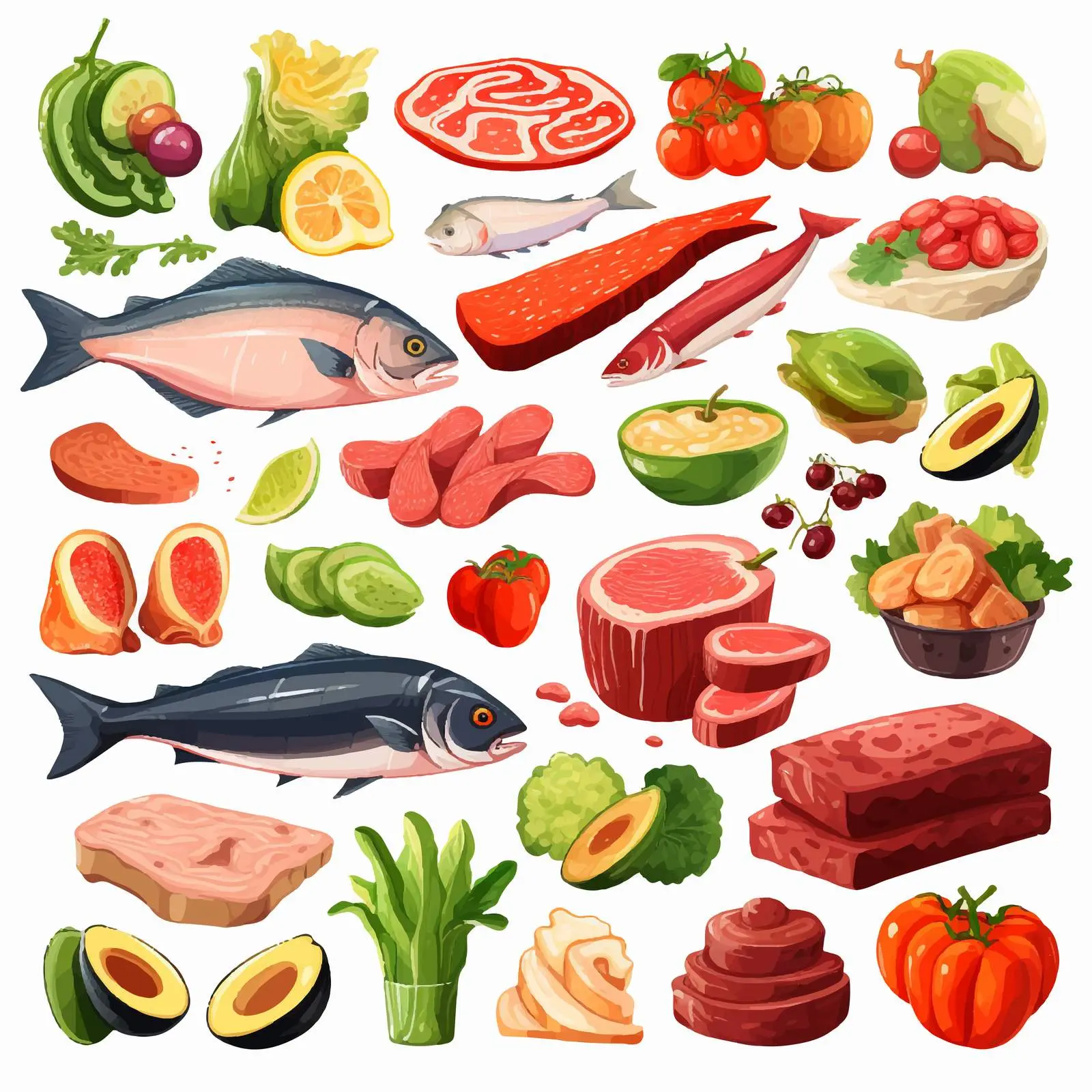 Diverse Food Groups: Meat, Seafood, Fruits, and Vegetables — free download from Dotvec