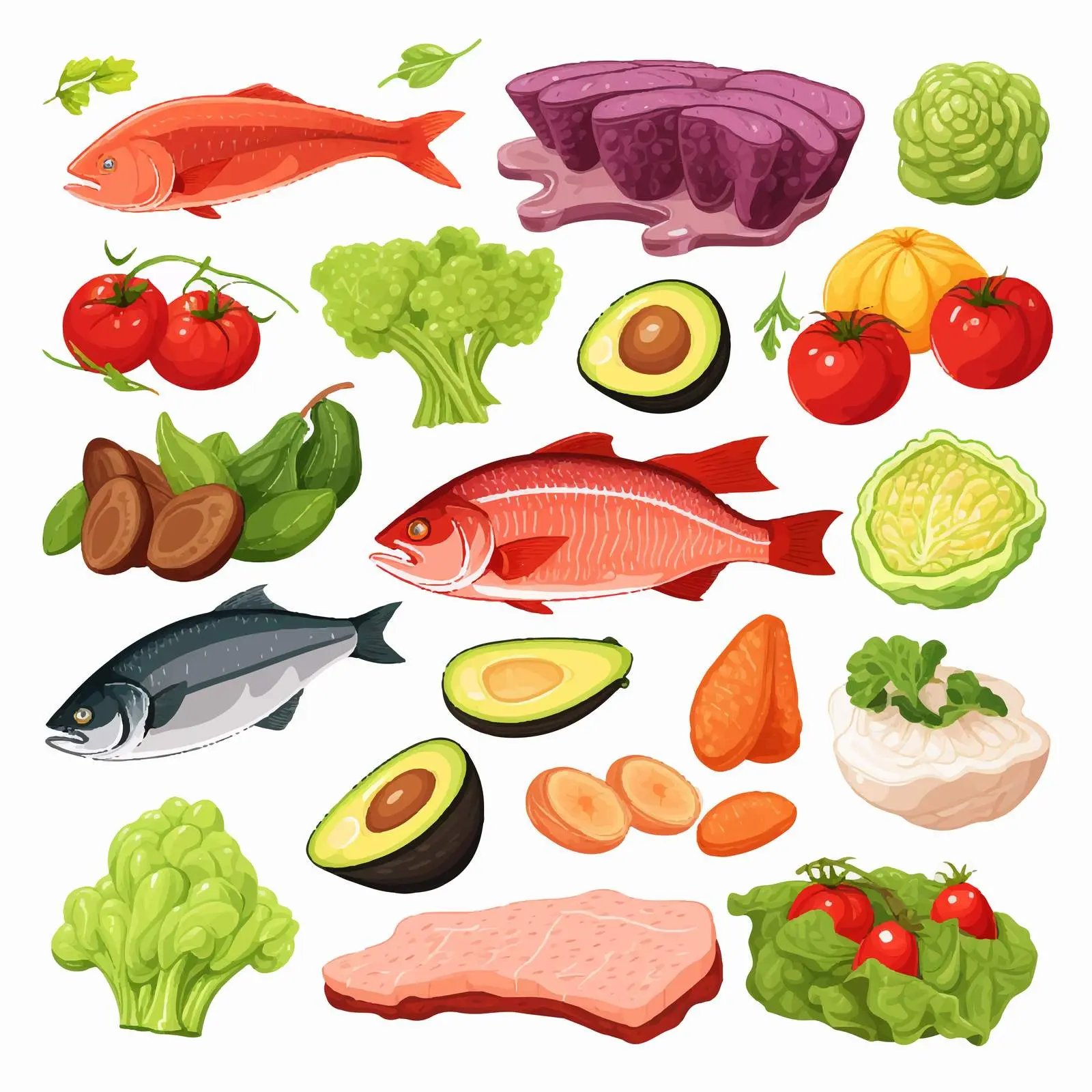 Diverse Food Groups: Meat, Seafood, Fruits, and Vegetables — free download from Dotvec