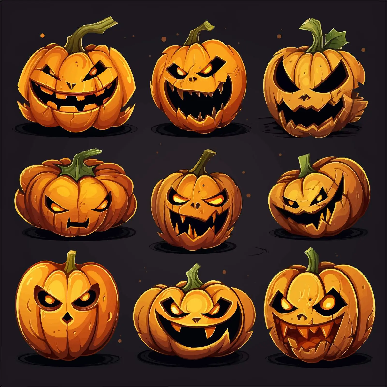 Cartoon Pumpkin Faces on Black Background – free cartoonish style image from Dotvec