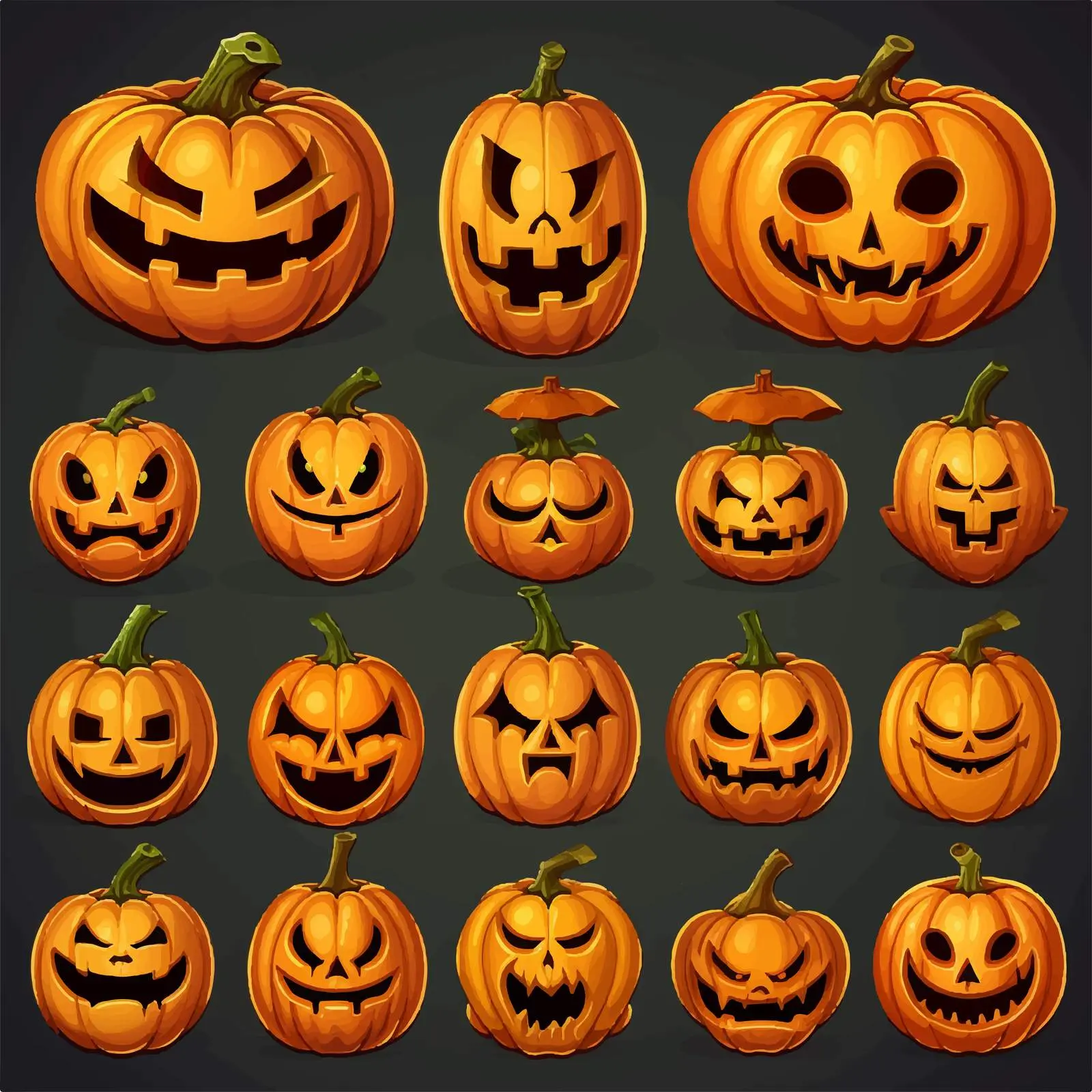 Cartoon Pumpkin Faces on Black Background — free download from Dotvec