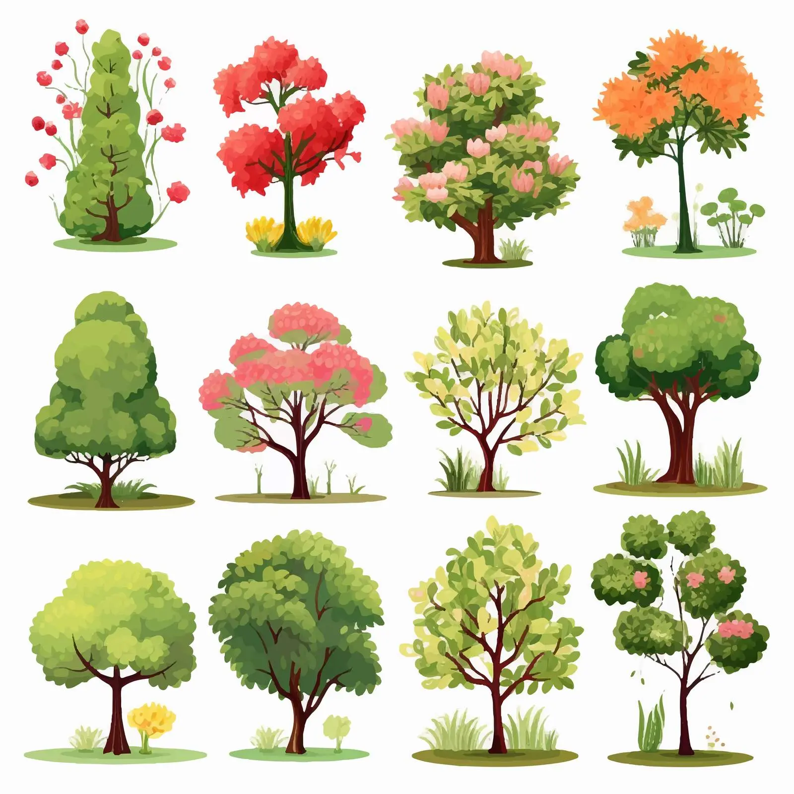 Colorful Cartoon Trees and Flowers Vector Illustration — free download from Dotvec