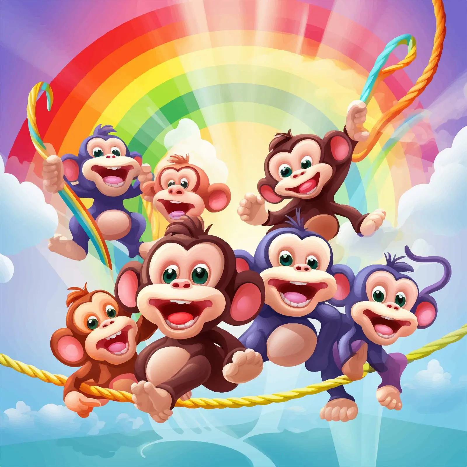 Playful Monkey Cartoon Characters on Rainbow Rope — free download from Dotvec