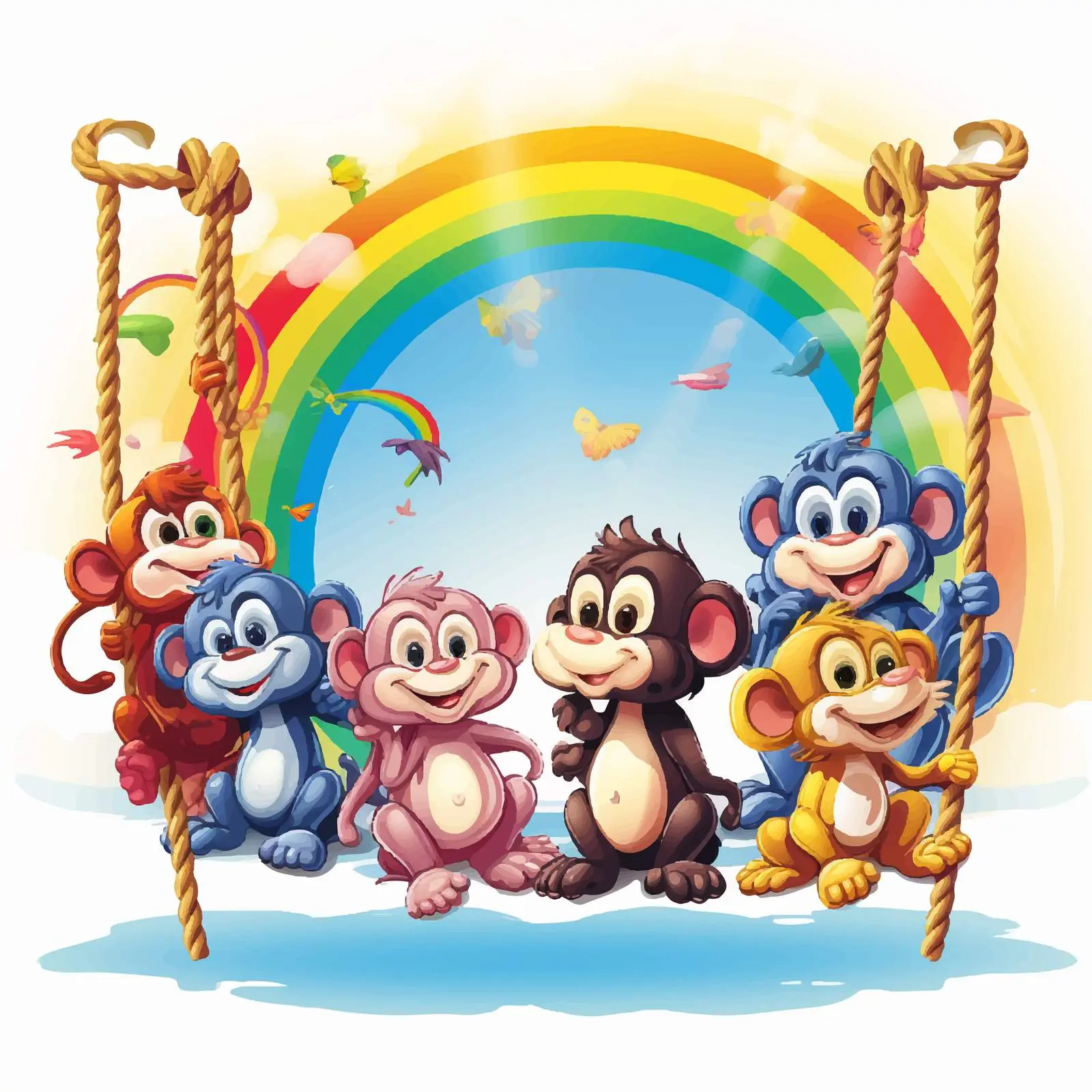 Cartoon Monkeys on Rainbow Rope Vector – free funny monkeys image from Dotvec
