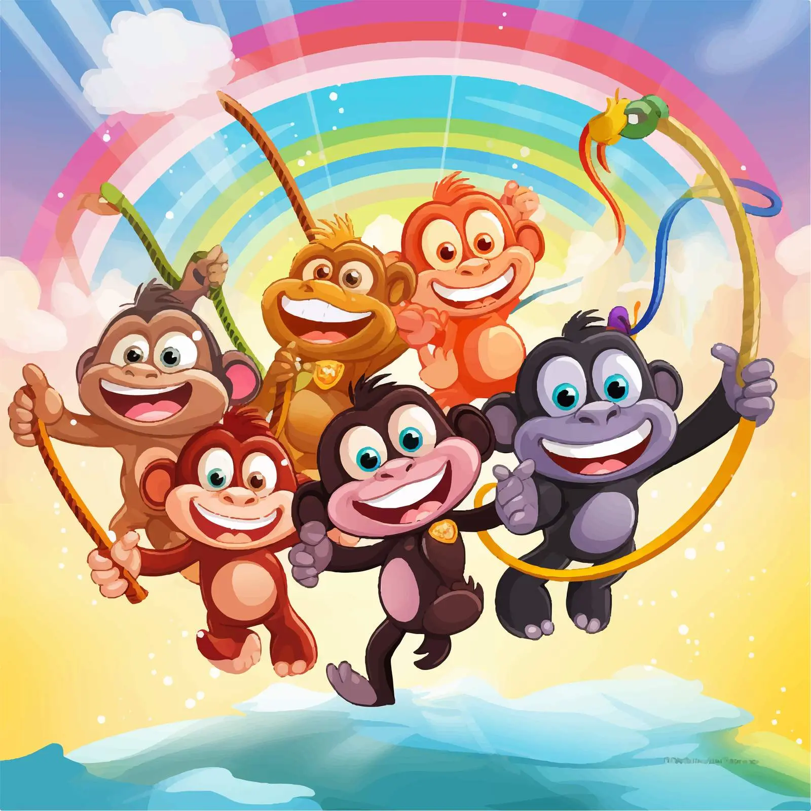 Fun Monkey Cartoon Characters on a Rainbow Rope — free download from Dotvec