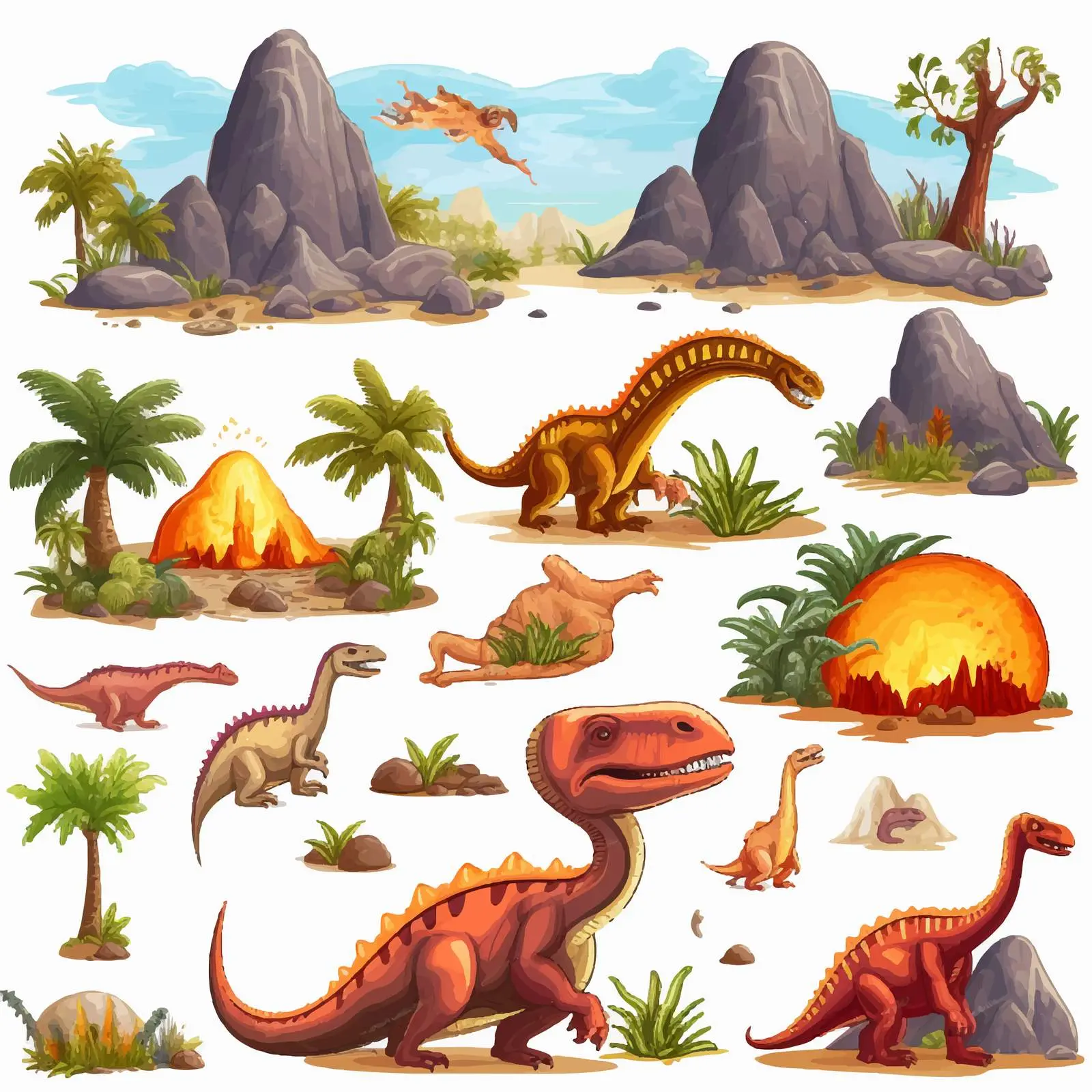 Diverse Dinosaurs Near Volcano Illustration – free jurassic image from Dotvec