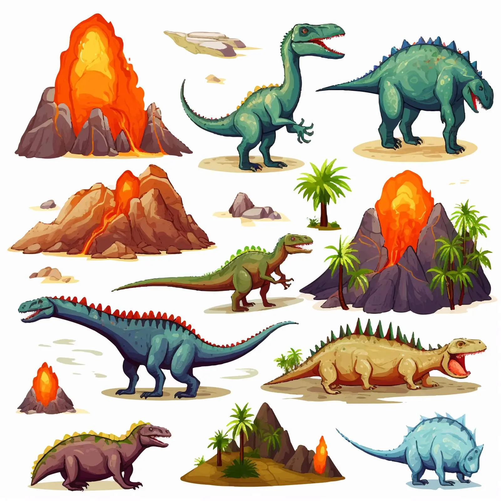 Diverse Dinosaurs Near Volcano Illustration — free download from Dotvec
