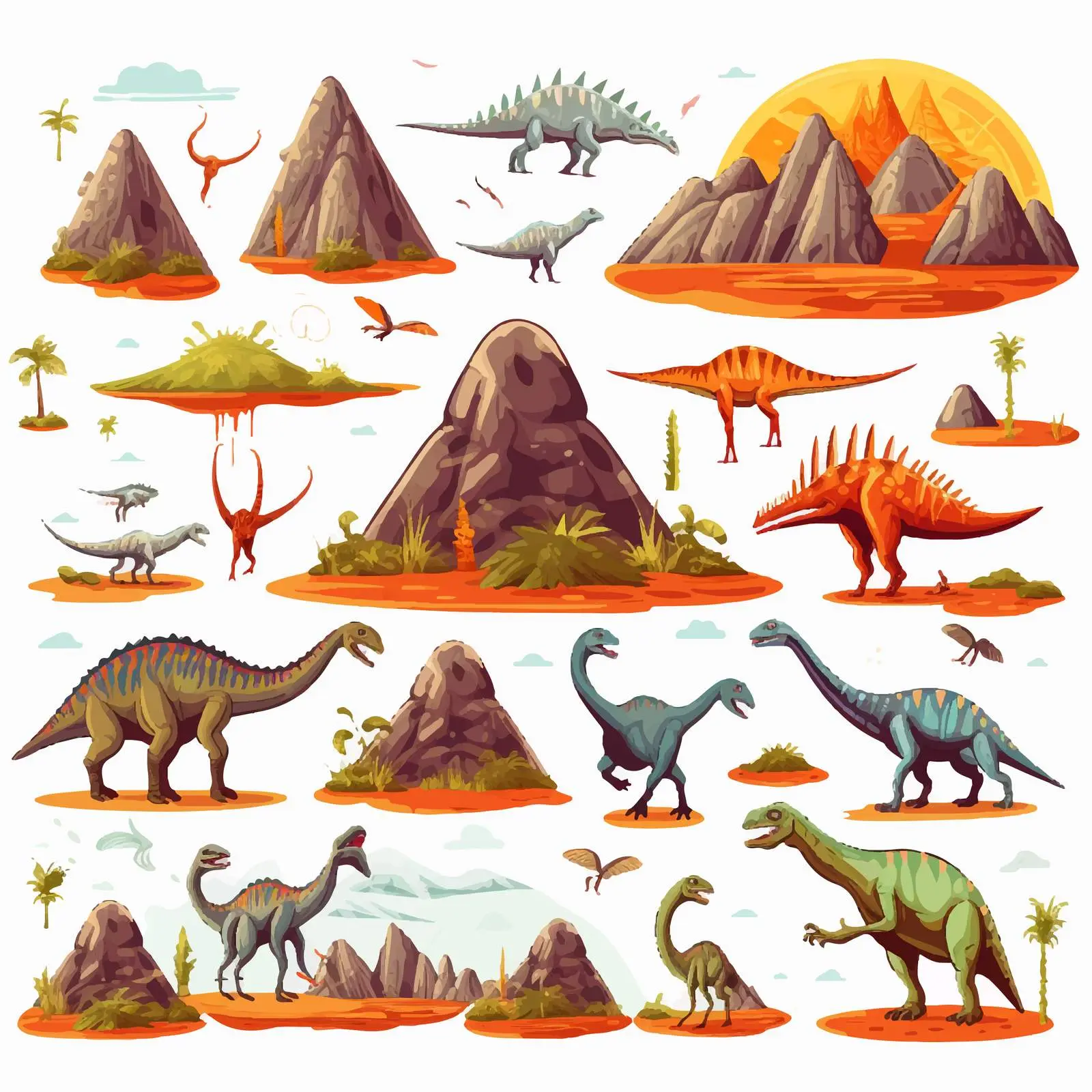 Diverse Dinosaurs by Volcano Illustration – free jurassic image from Dotvec