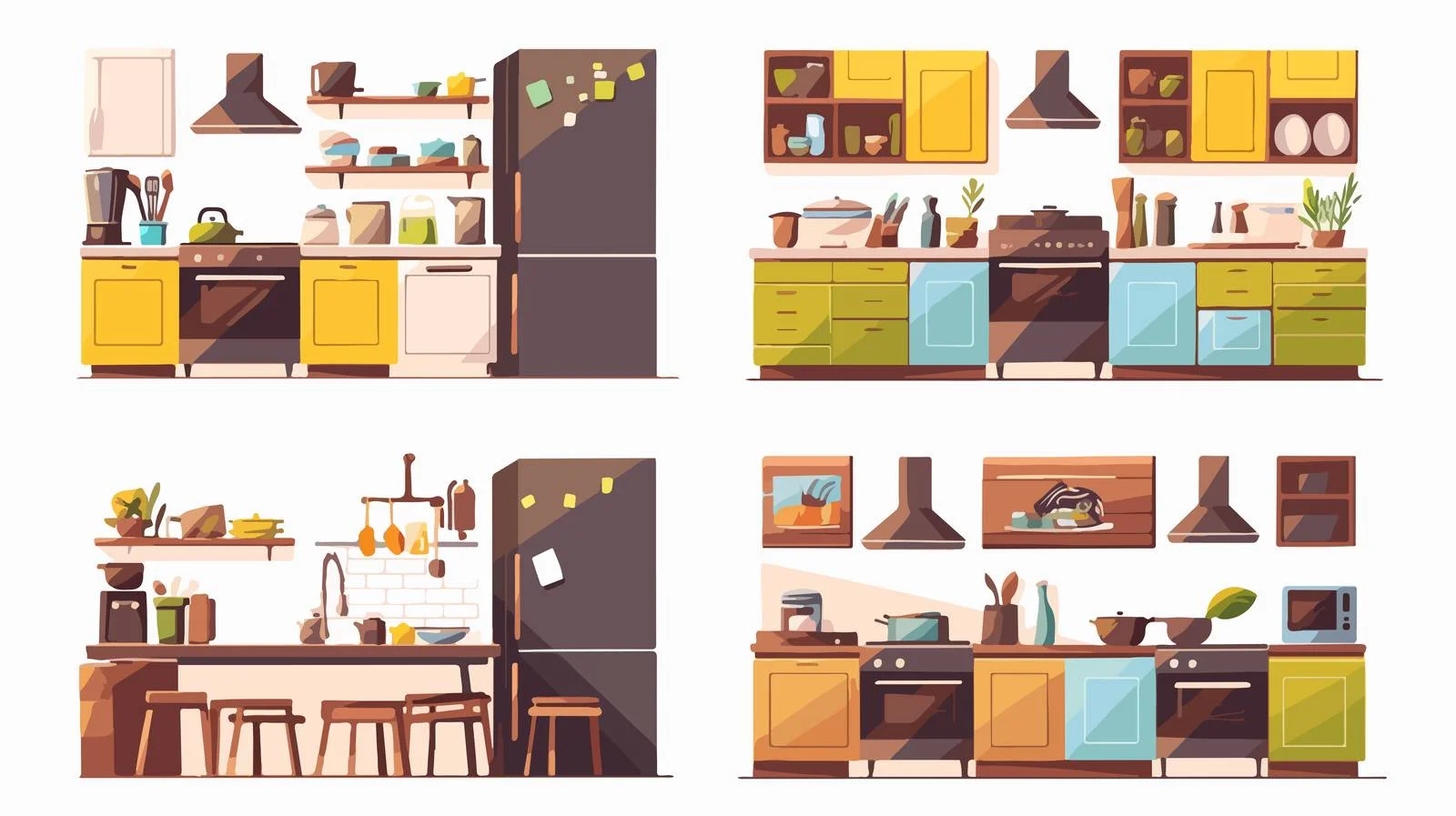 Diverse Modern Kitchen Interior Designs Illustration — free download from Dotvec