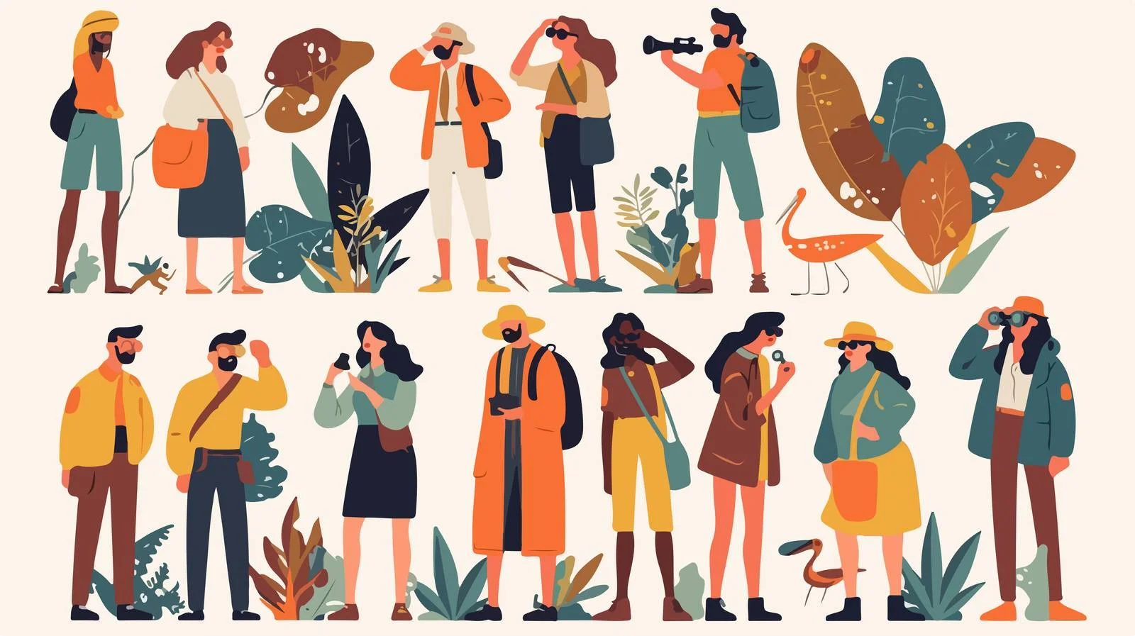 Diverse Group Adventuring Outdoors Illustrated Scene — free download from Dotvec