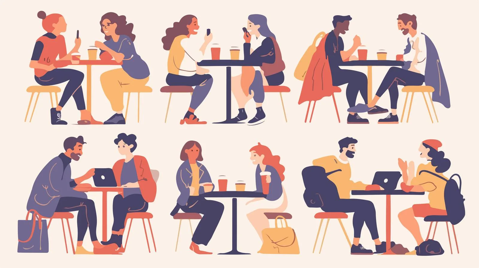 Diverse individuals at urban cafe illustration — free download from Dotvec
