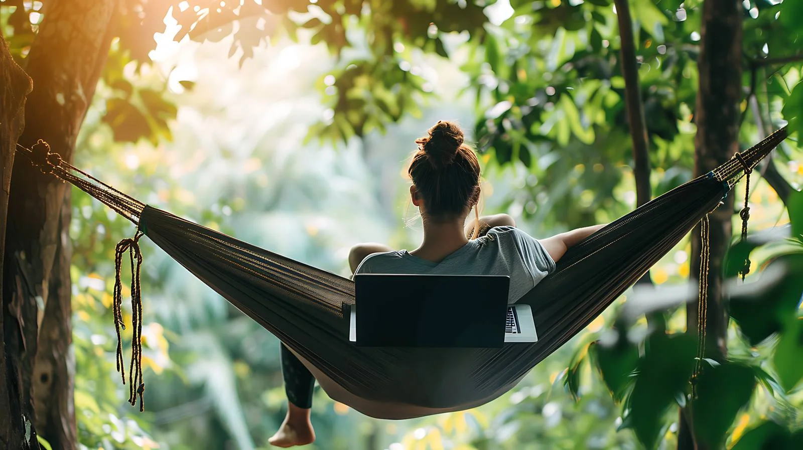 Modern freelancer working in hammock by trees — free download from Dotvec