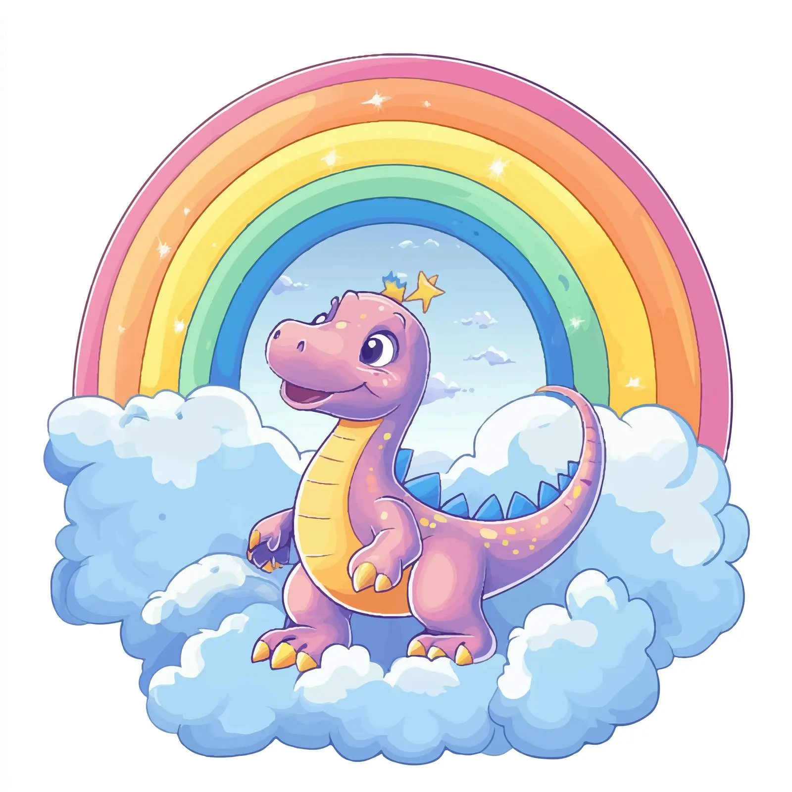 Cartoon Dinosaur Under Rainbow Clouds Vector – free cartoon characters image from Dotvec