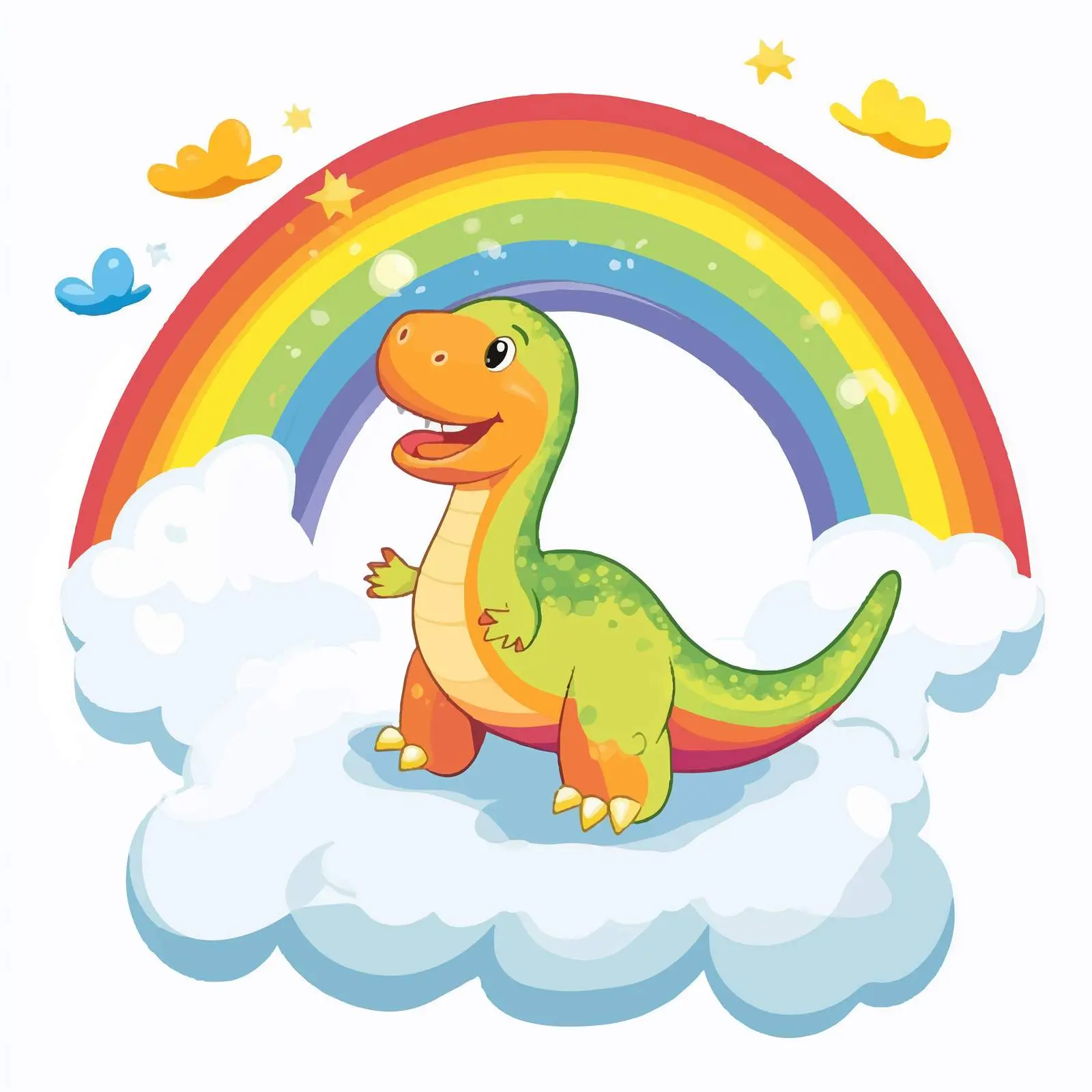 Cartoon Dinosaur with Rainbow and Clouds Vector — free download from Dotvec