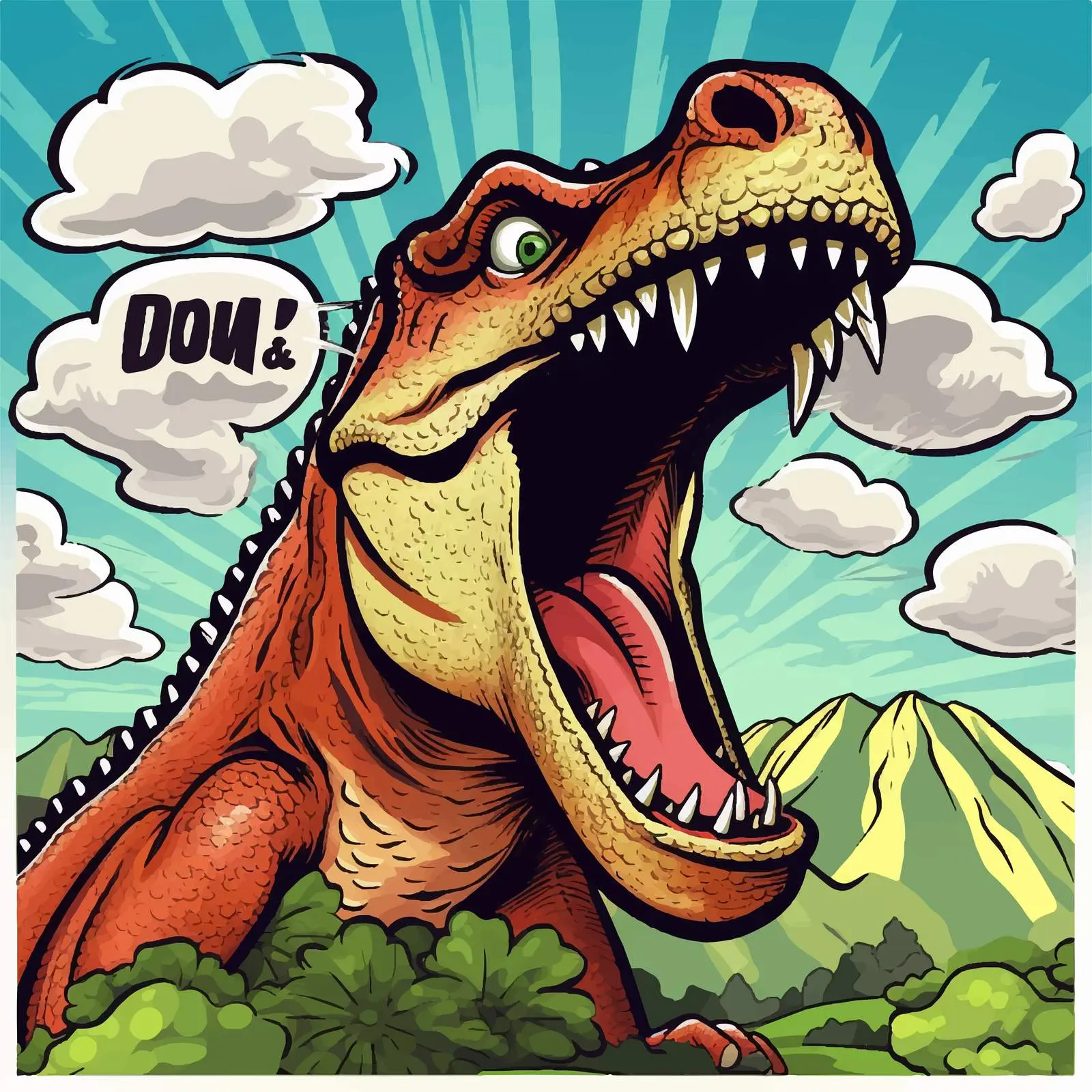 Dinosaur Roaring with Comic Style Text and Clouds — free download from Dotvec