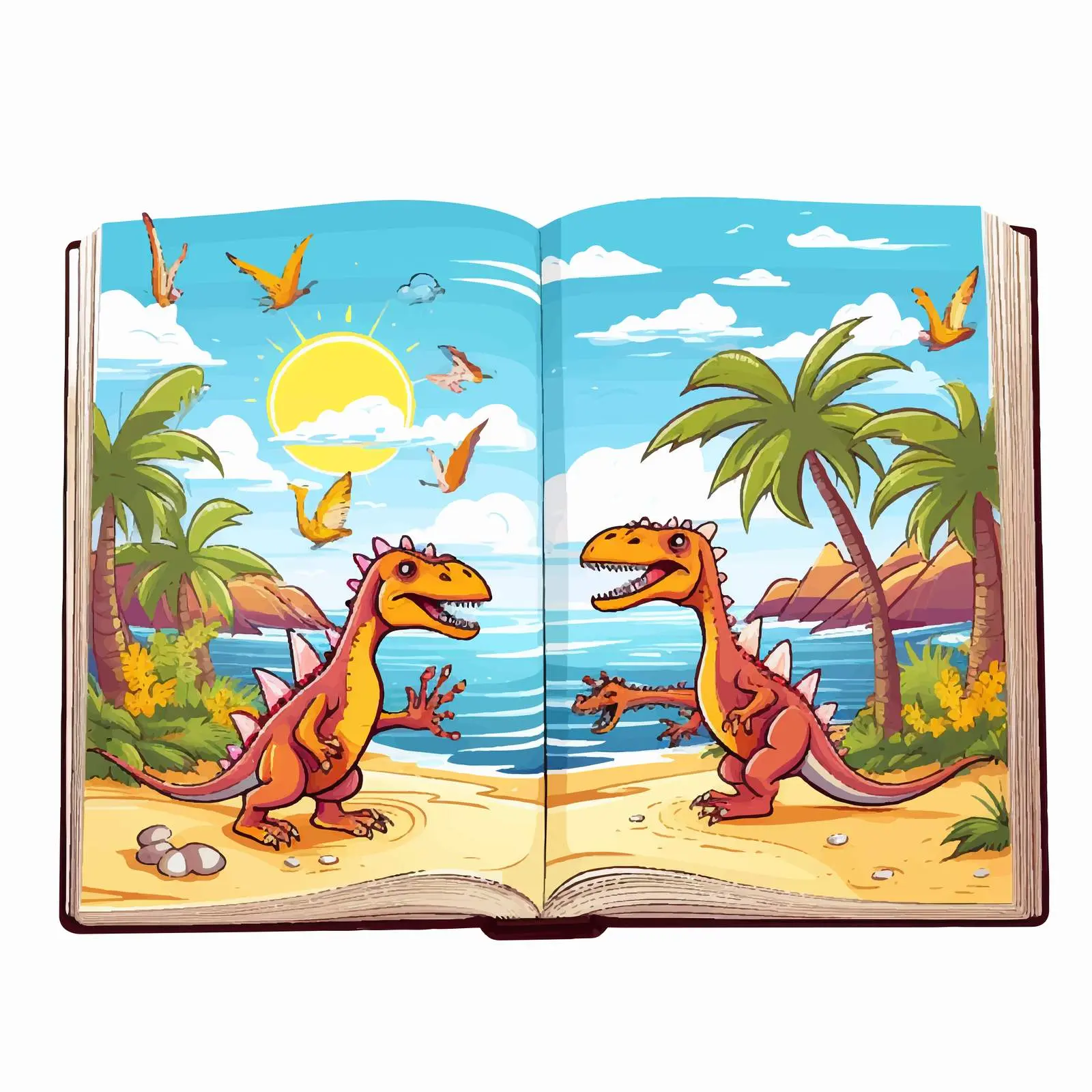 Dinosaurs Emerging from Storybook on Beach Vector — free download from Dotvec